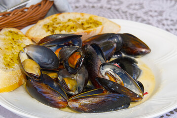 Mussels with white bread on a white plate.