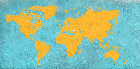 world map , yellow texture and blue wall.