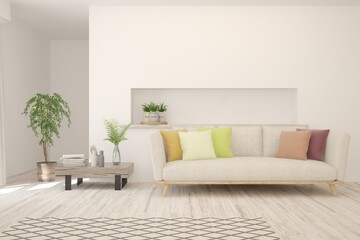 White living room with sofa. Scandinavian interior design. 3D illustration