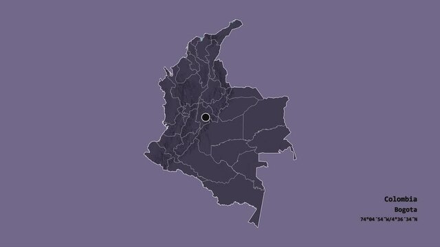 Guain&iacute;a, commissiary of Colombia, with its capital, localized, outlined and zoomed with informative overlays on a administrative map in the Stereographic projection. Animation 3D