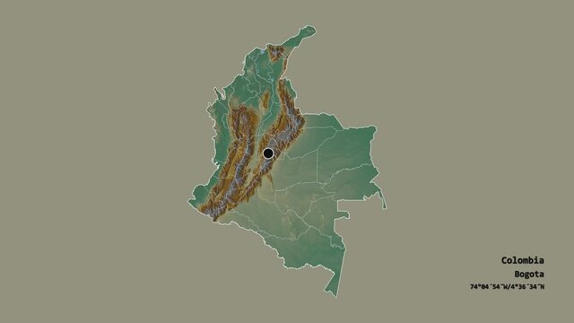 Guain&iacute;a, commissiary of Colombia, with its capital, localized, outlined and zoomed with informative overlays on a relief map in the Stereographic projection. Animation 3D