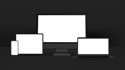 Black smartphone, tablet, personal computer, laptop isolated on white background. Realistic and detailed devices mockup