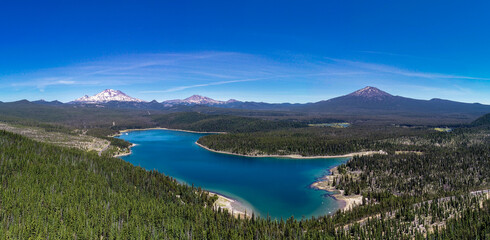Aerial panorama of Elk Lake and Mount Bachelor near Bend, Oregon