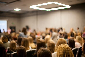 Abstract blurred photo of conference hall or seminar room with speakers on the stage and attendee background, seminar and study concept. Speaker on the podium. People at the conference hall.