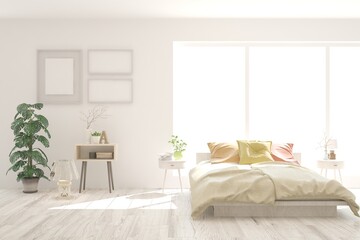 White bedroom interior. Scandinavian design. 3D illustration