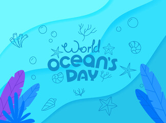 Fototapeta na wymiar World oceans day vector concept. Doodle vector logo