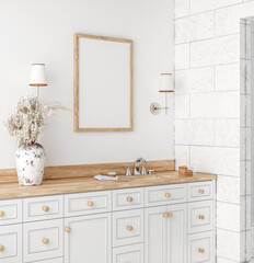 Poster mockup in white cozy bathroom interior background, 3d render