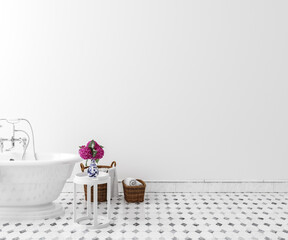 White cozy bathroom interior background, wall mockup, 3d render
