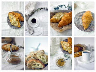 Breakfast with coffee and croissant photo collection. Fresh croissant and white cup of coffee on a light background, copy space. Photo collage with coffee and croissants