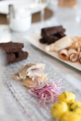 Salted Herring Served with Red Onion, Rye Bread and Boiled Potatoes. Russian Traditional Appetizer.
