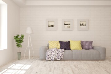 White living room with sofa. Scandinavian interior design. 3D illustration