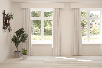 White empty room with summer landscape in window. Scandinavian interior design. 3D illustration