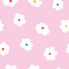 Simple seamless pattern with flat white flowers on the pink background. Bold surface design for fabric, textile, wrapping paper