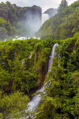 A single exposure side view of Roman waterfalls at Marmore, Umbria, Italy in summer