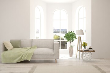 White living room with sofa. Scandinavian interior design. 3D illustration