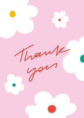 Fototapeta na wymiar Simple thank you card with flat white flowers. Bold floral card design with handwriting on the pink background. Cropped with clipping mask