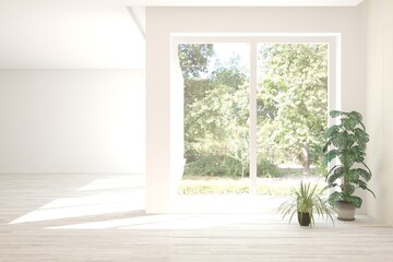 White empty room with summer landscape in window. Scandinavian interior design. 3D illustration