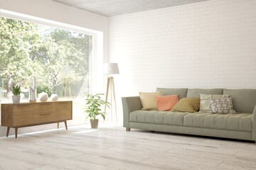 White living room with sofa and summer landscape in window. Scandinavian interior design. 3D illustration
