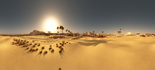 Arabic small town on desert in 360 panorama 3d rendering - 365050892
