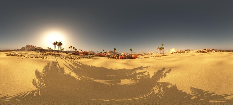 Arabic small town on desert in 360 panorama 3d rendering