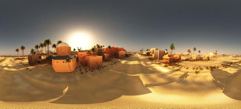 Arabic small town on desert in 360 panorama 3d rendering