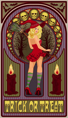 Blonde sexy witch with a broom, art nouveau style card, vector illustration