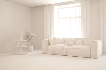 White minimalist living room with sofa. Scandinavian interior design. 3D illustration