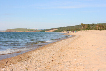 Baikal Lake. View of the shore of Olkhon Island and the coastal forest on the beach. Beautiful view of the sandy beach and lake Baikal