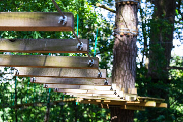 Naklejka premium Part of an obstacle course in the forest. Extreme sport. Close-up.