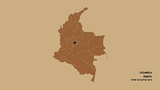Vichada, commissiary of Colombia, with its capital, localized, outlined and zoomed with informative overlays on a solid patterned map in the Stereographic projection. Animation 3D