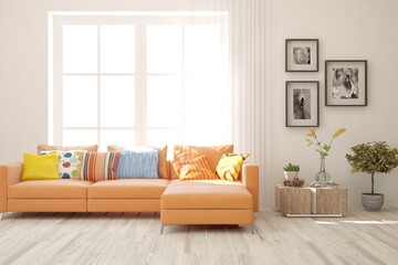 White living room with sofa. Scandinavian interior design. 3D illustration