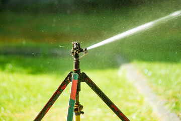 Lawn water sprinkler spraying water over lawn green fresh grass in garden on hot summer day. Automatic watering equipment, lawn maintenance, gardening and Irrigation system. Blurred background. 