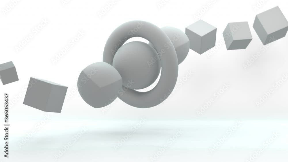 Poster abstract 3d animation of a white ring on a white background. through the ring fly cubes that turn in