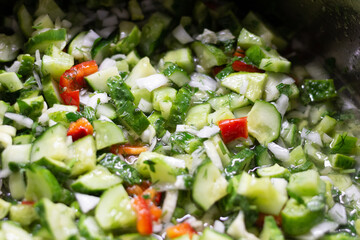 Cut and marinated vegetables cucumber, tomato, onion, paprika, dill for fermenting in pot as background