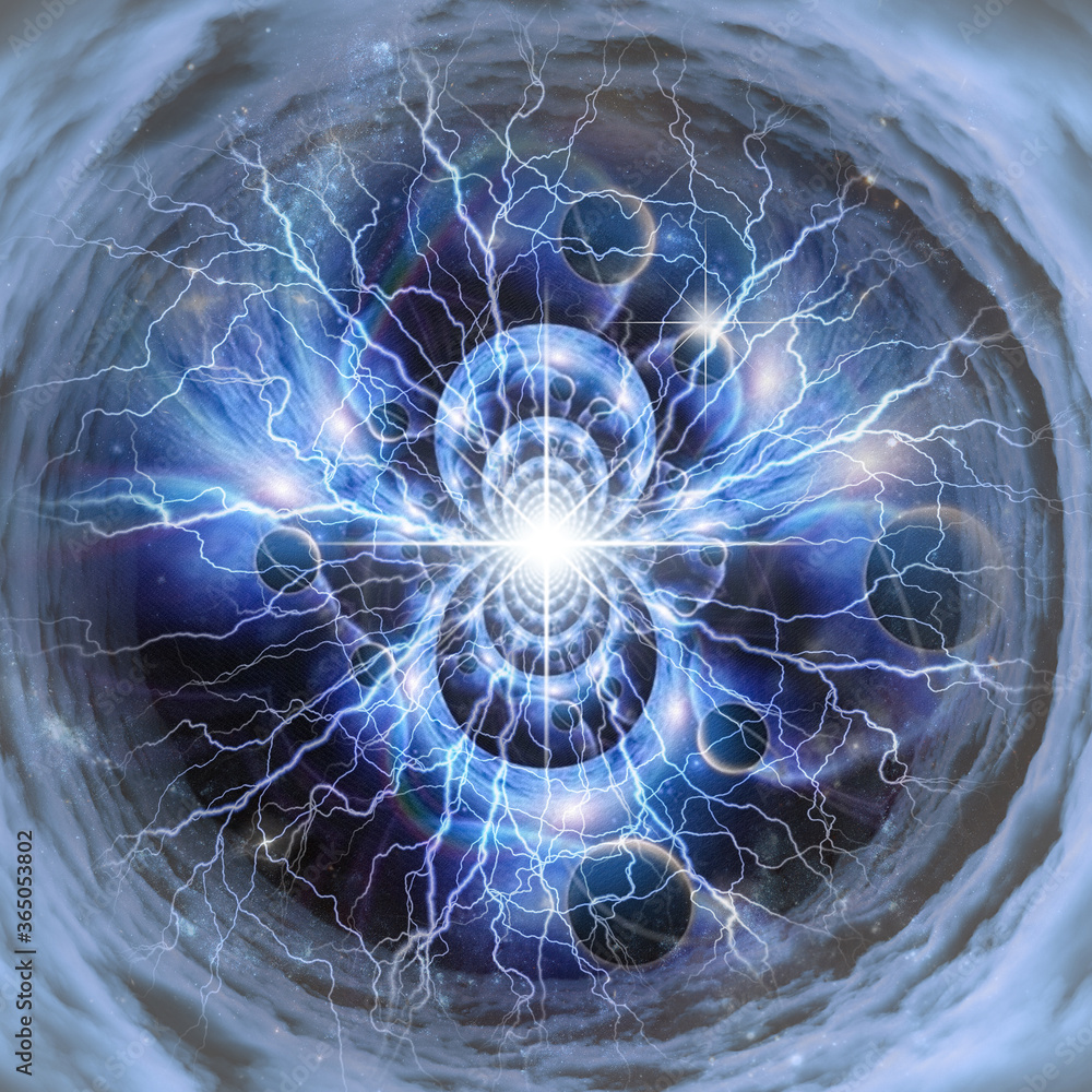 Poster energy burst in tunnel of clouds. 3d rendering