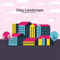 Yellow blue and pink city buildings landscape with clouds and trees design, Abstract geometric architecture and urban theme illustration