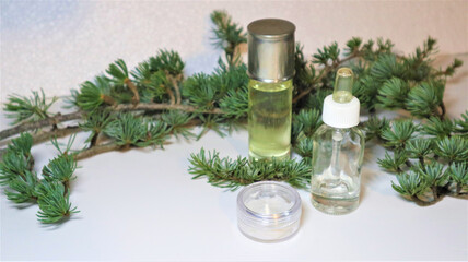 A bottle of fir essential oil and dropper bottle of essential oil with fresh fir branches