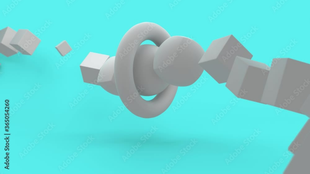 Poster 3d animation of a blue background on which cubes move along the trajectory and turn into balls passi