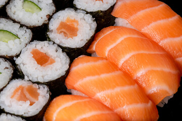 Sushi nigiri and hossomaki closeup macro