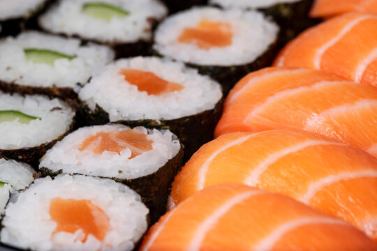 Sushi nigiri and hossomaki closeup macro