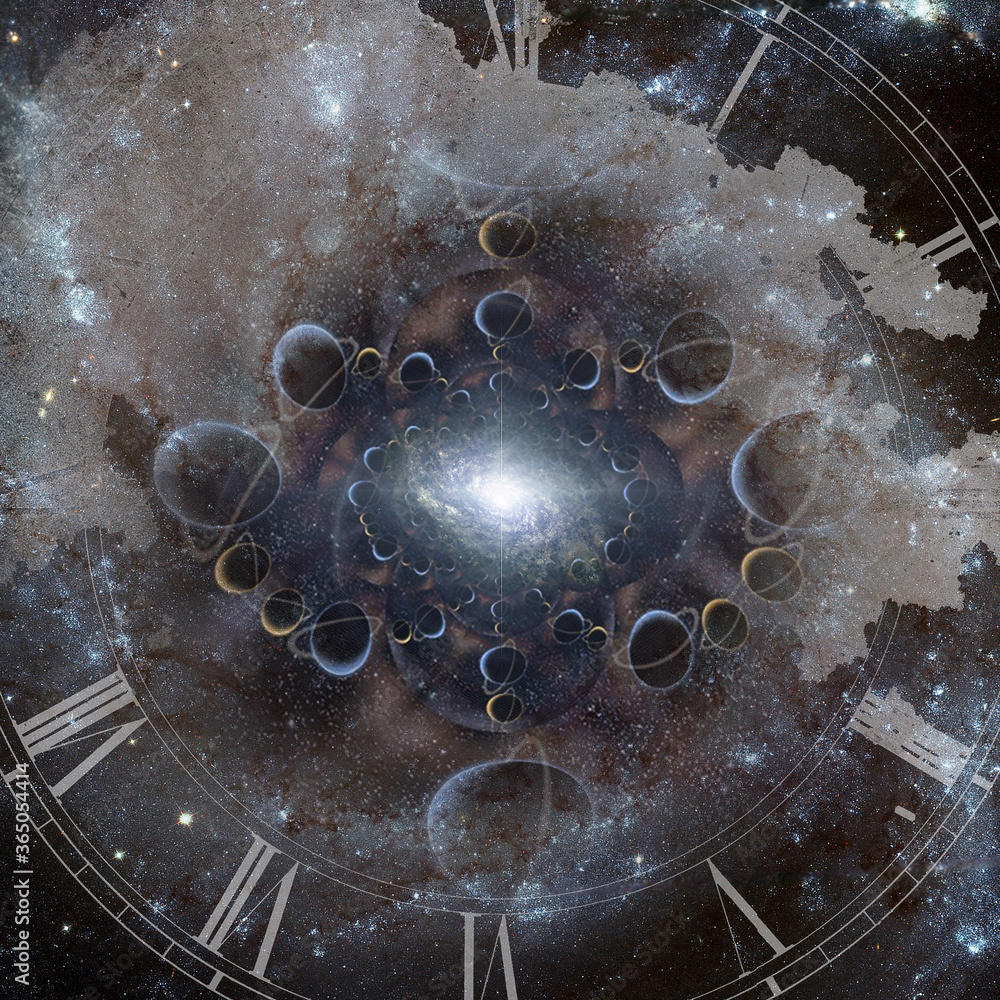 Poster time portal in endless space. 3d rendering