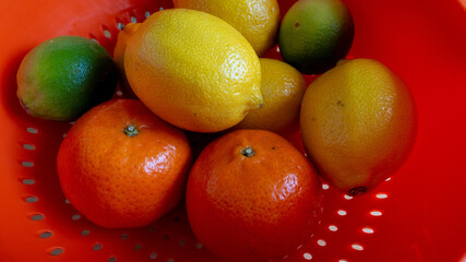 mixed citrus fruits in an orange colander 