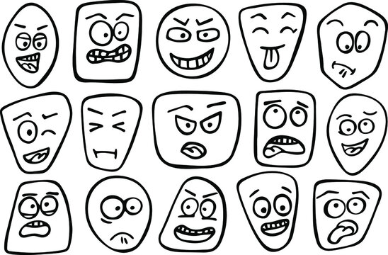 Set of 15 smile. Emoticons contour. Illustrator. Vector image.
