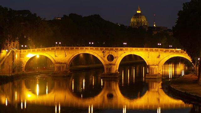 beautiful time lapse of the sisto bridge with the dome of saint peter in Rome, Italy
