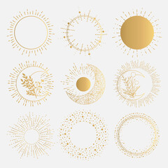 Unique Gold Hand Drawn Circle Shapes with Sunburst and Moon.