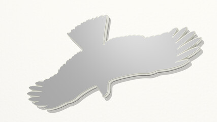 BIRD on the wall. 3D illustration of metallic sculpture over a white background with mild texture. animal and beautiful