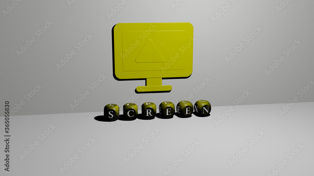 Poster 3d representation of screen with icon on the wall and text arranged by metallic cubic letters on a m