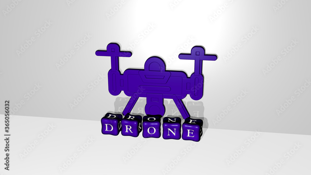 Poster 3D graphical image of drone vertically along with text built by metallic cubic letters from the top perspective, excellent for the concept presentation and slideshows. aerial and view