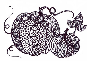 Two patterned pumpkins on a white background. Children's drawing, graphics