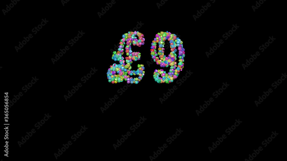Poster £ written in 3d illustration by colorful small objects casting shadow on a black background